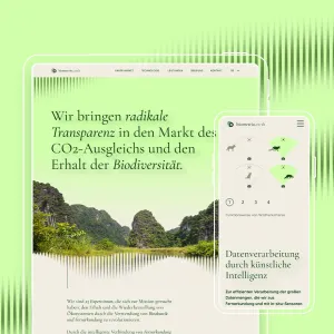 Desktop and smartphone screen of the website, with audio waves as a decorative element